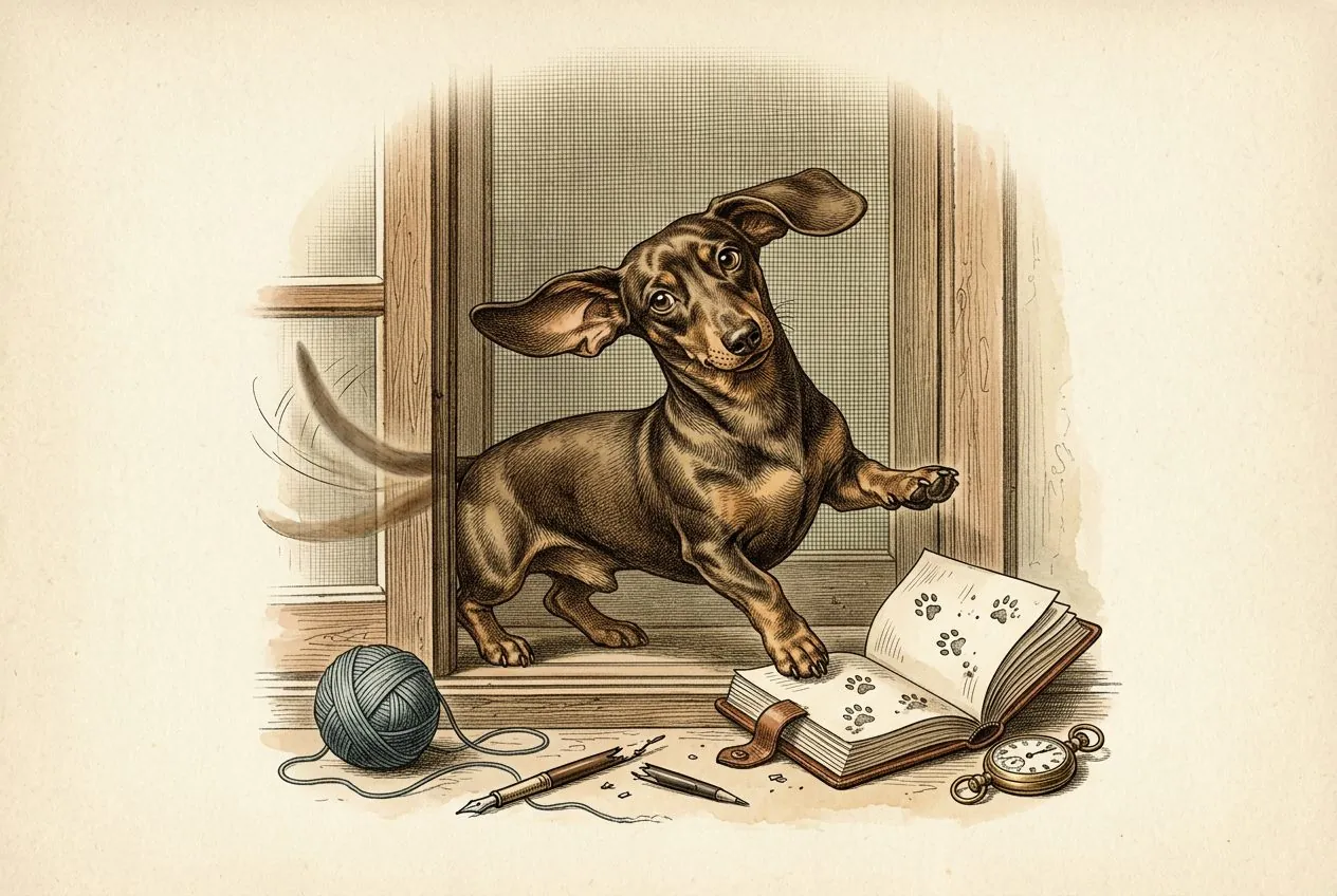 Engraving of a distracted dachshund surrounded by a fallen book, pencil, and butterfly