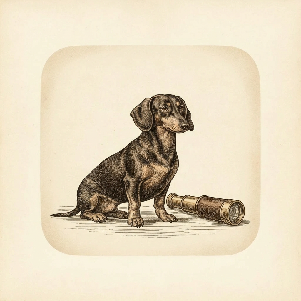 Engraving of a dachshund in a meadow with a brass spyglass and two songbirds on a branch