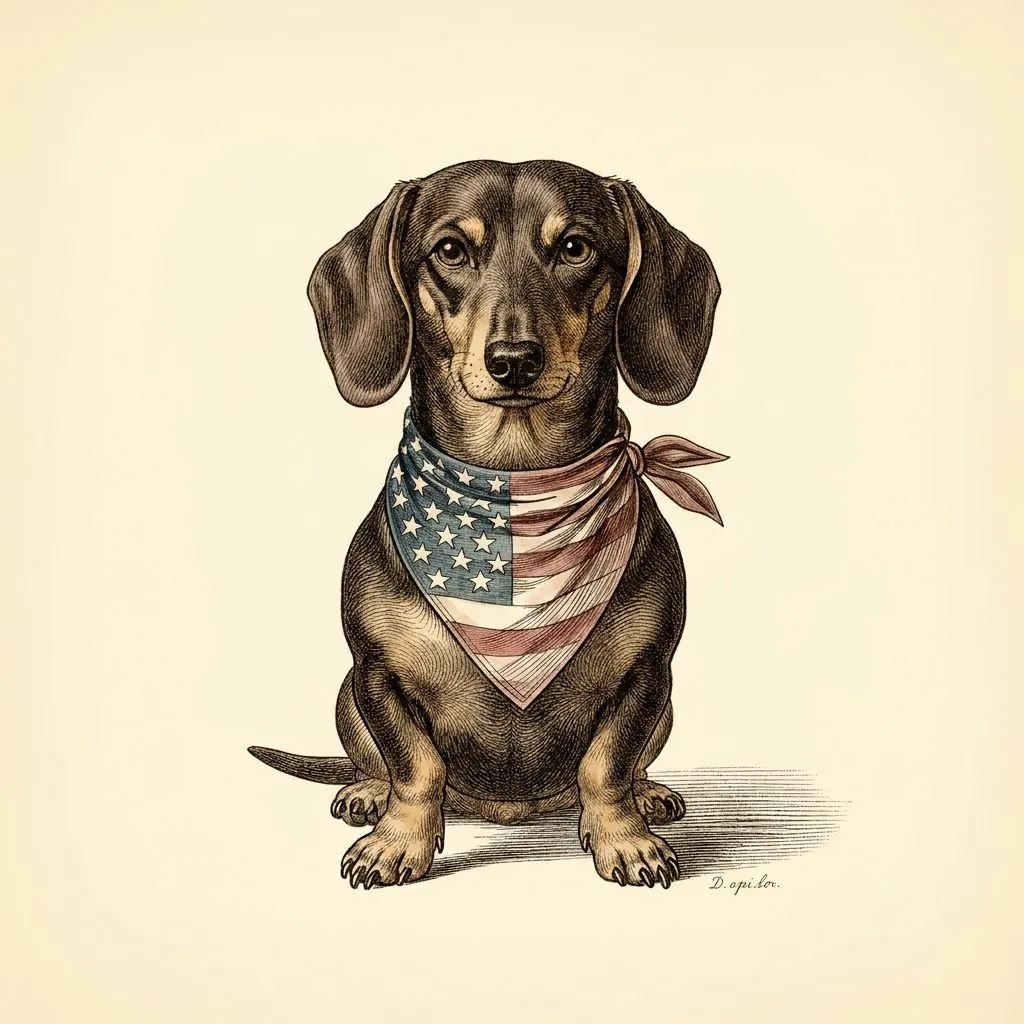 Engraving of a dachshund in a flag bandana beside a sparkler
