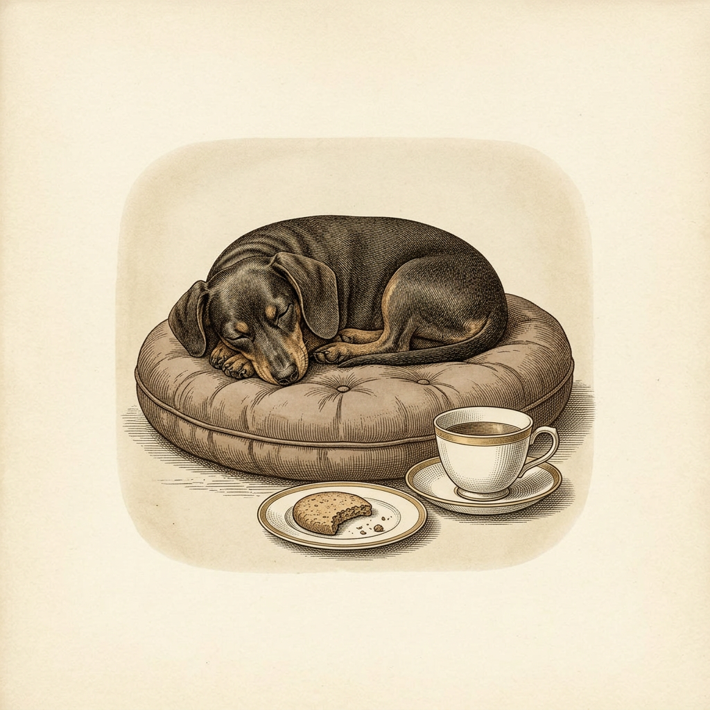 Engraving of a dachshund curled asleep on a tufted cushion beside a teacup and biscuit
