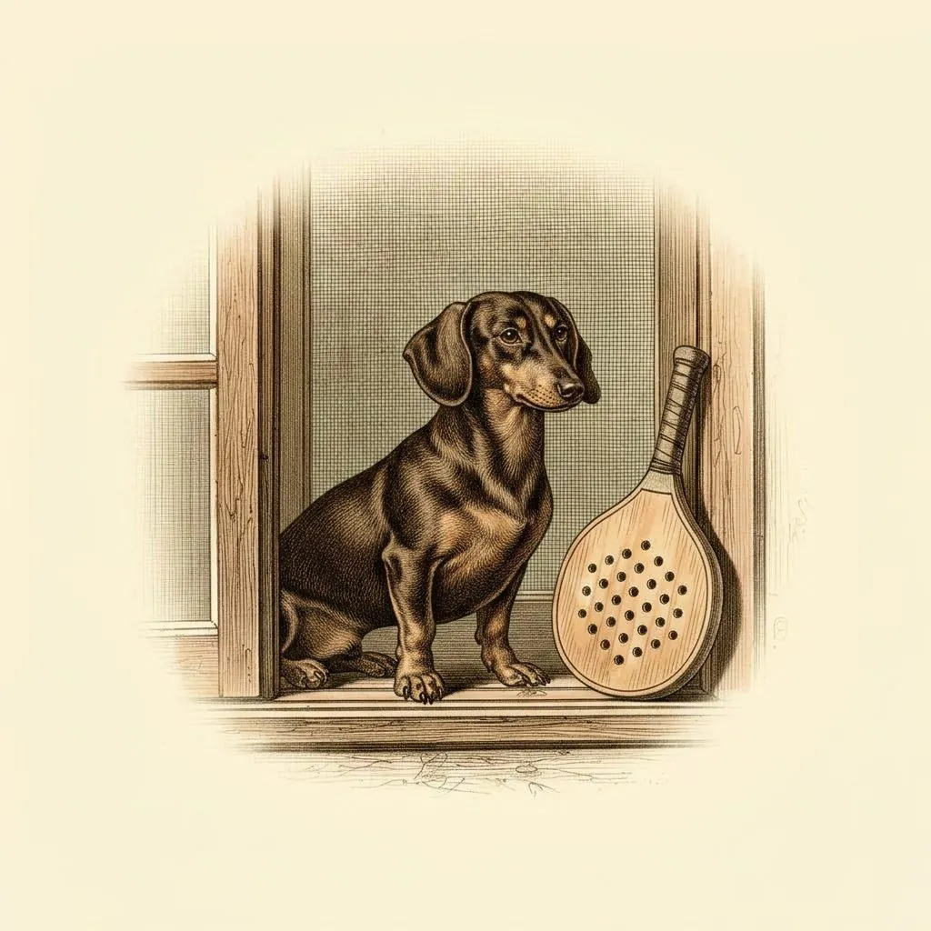 Engraving of a dachshund at a screen door beside a pickleball paddle