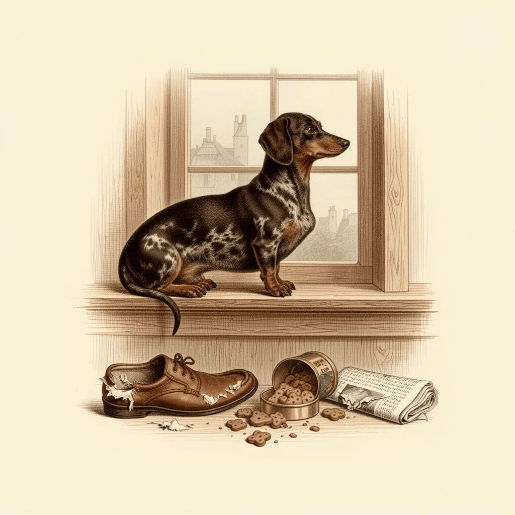 Engraving of a small dog enthroned on a chaise