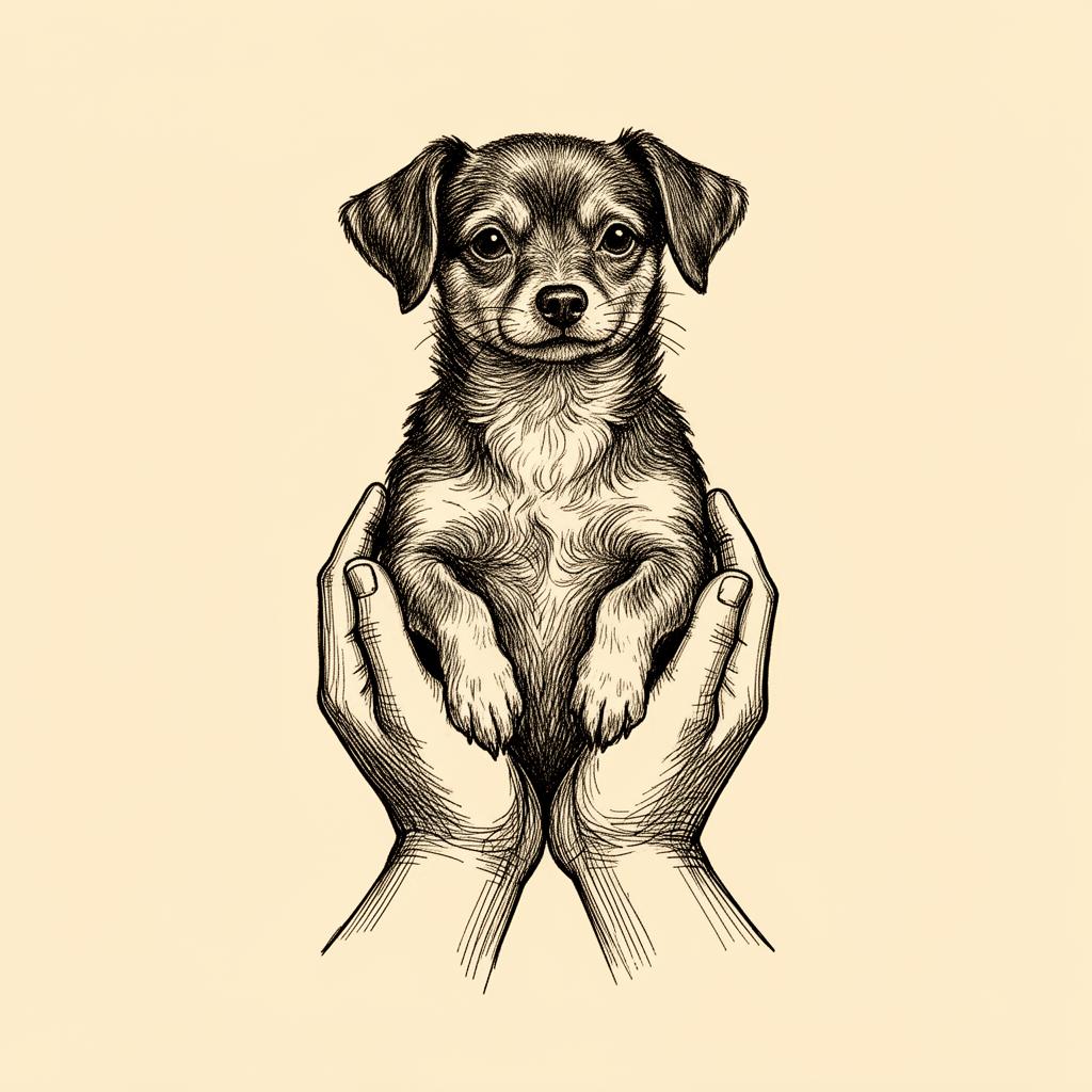 Engraving of a small dog held in cupped hands