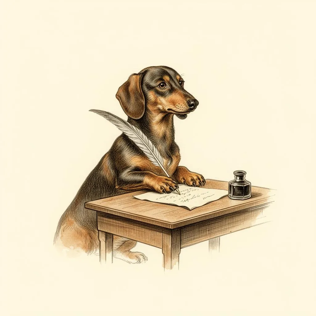 Engraving of a small dog held in cupped hands